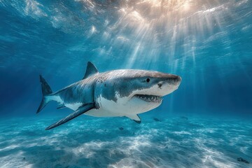 Naklejka premium Great White Shark Underwater in Sunlit Ocean Water