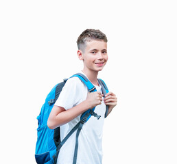 Caucasian boy (schoolboy, kid, pupil) with backpack. Child ready for new semester in school....