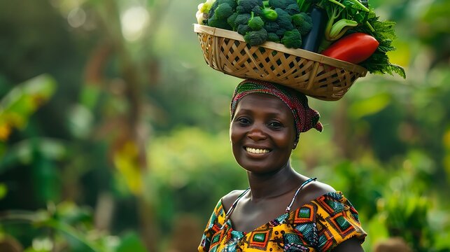 Smiling african woman carrying a basket full of fresh vegetables on her head in a rural setting, showcasing the beauty of agriculture and healthy eating