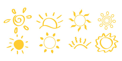 Collection of funny sun illustrations, sun rays, curved lines, cartoon elements, summer graphic decoration, vector