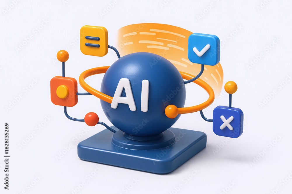 Aufkleber a vibrant 3d rendering of an ai symbol with colorful icons, symbolizing technology and innovation.