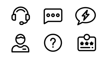 Doodle line art icons of headset, chat bubble, lightning speech, user, question mark and rating
