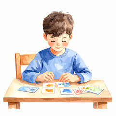 Watercolor illustration of a young boy in a blue sweater, focused on playing with educational picture cards at a table.