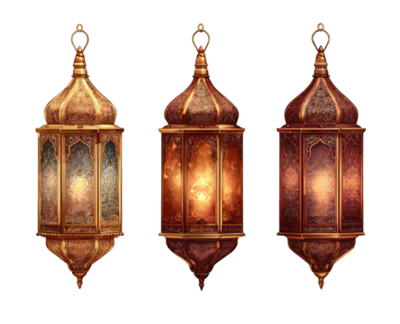 Three ornate hanging lanterns, varying in hue, with intricate designs