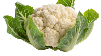 Fresh organic cauliflower with green leaves on black background for healthy vegan recipes