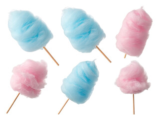 Fluffy pink and blue cotton candy sticks isolated on white background for sweet snack lovers