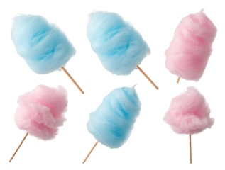 Fluffy pink and blue cotton candy sticks isolated on white background for sweet snack lovers