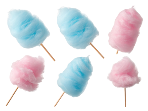 Fluffy pink and blue cotton candy sticks isolated on white background for sweet snack lovers