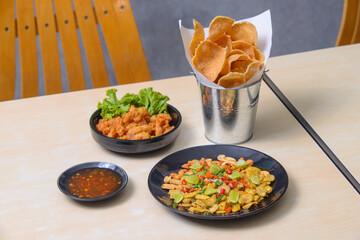 Variety thai food on white table. Food for snacks.