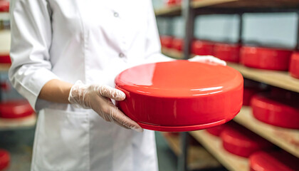Cheesemaker carefully presents a large, vibrant red cheese wheel in a storage facility.