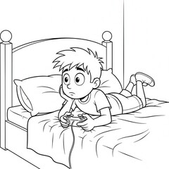 Boy Playing Video Game Lying on Bed