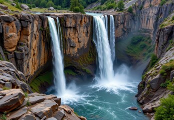 Obraz premium waterfalls erode cliffs by mechanical impact and abrasion breaking down rock and creating plunge pools that deepen causing overhang collapse and retreat of waterfall positions.