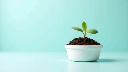 Seed sprout emerging from glossy biodegradable container