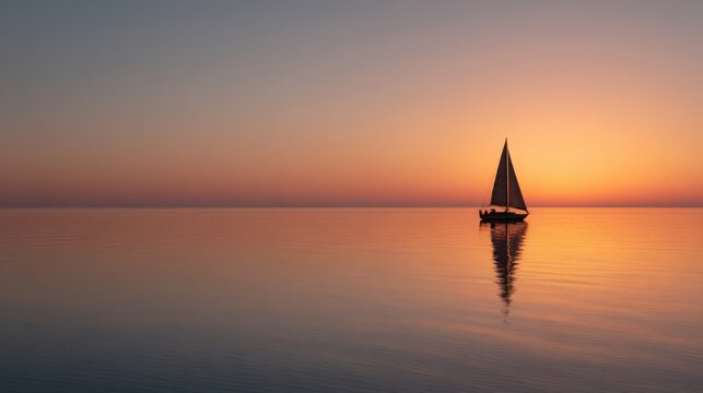 A lone sailboat drifting on a glassy sea at sunset, warm hues reflecting off the water, absolute stillness and peace