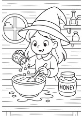 Coloring book witch pouring ingredients into a mixing bowl.