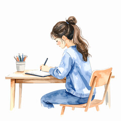 Watercolor Illustration of a Girl Writing at a Wooden Desk with Pencils