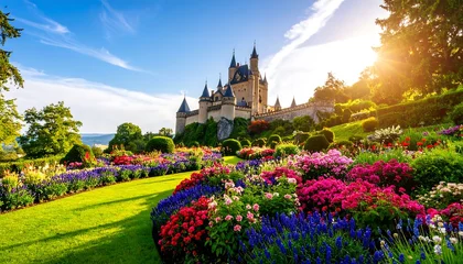 Stickers Tuin Picturesque medieval castle nestled among vibrant gardens on a sunny hillside  © shopia