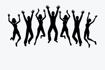 Diverse group of people silhouettes jumping joyfully together with arms raised in celebration