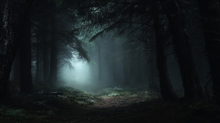 Fototapeta premium Intuition Visualized as a Faint, Glowing Path in a Dark and Mysterious Forest
