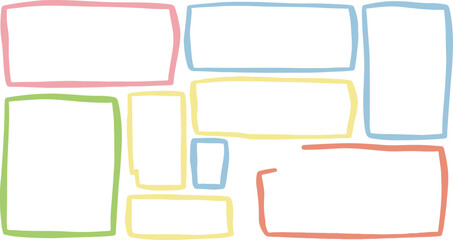 Collection of colorful hand drawn rectangular frames isolated on transparent background