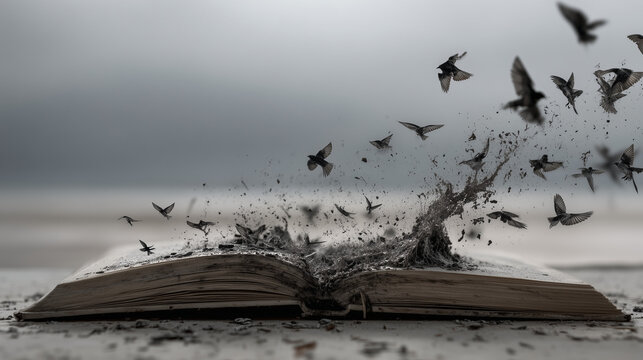 The Process of Unlearning Visualized as Ink Transforming into Birds Flying from a Book