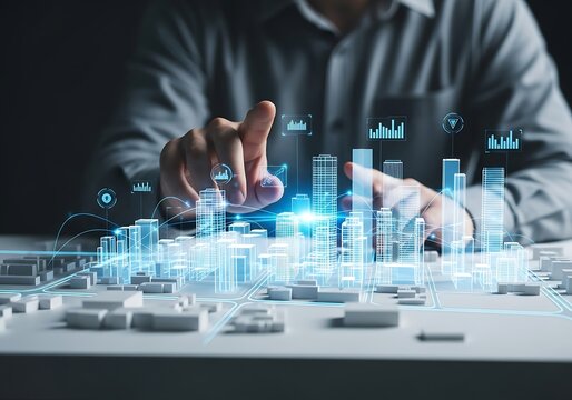 Man interacting with futuristic city hologram