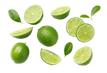 Fresh green limes and lime slices arranged with leaves on isolated white background for healthy