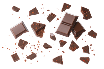 Delicious chocolate bar pieces and crumbs scattered on a background for tasty sweet treat ideas