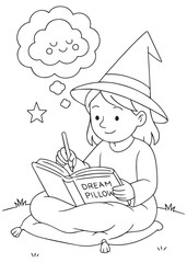 Coloring book witch writing “dream pillow” ideas in a notebook.