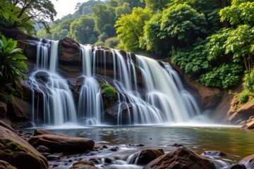 Obraz premium waterfalls influence local climate conditions by increasing humidity and cooling effects supporting sensitive tropical rainforest species and overall ecosystem health.