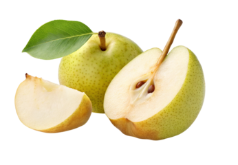 Fresh green pear with slice on white background showing juicy and ripe delicious fruit texture