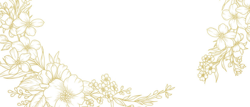 Luxury floral background with hand drawn golden lines of flowers. Vector design with floral border.. Elegant illustration for wedding invitation, cover, banner, package, card, wallpaper