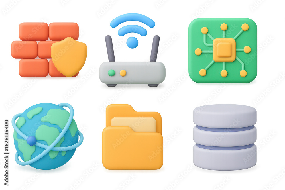 Aufkleber colorful 3d icons of technology and network elements for digital interface design