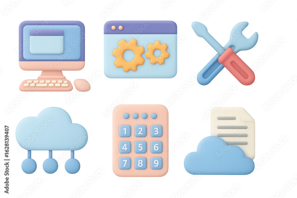 Aufkleber pastel 3d icons of technology and cloud computing tools for modern digital interfaces