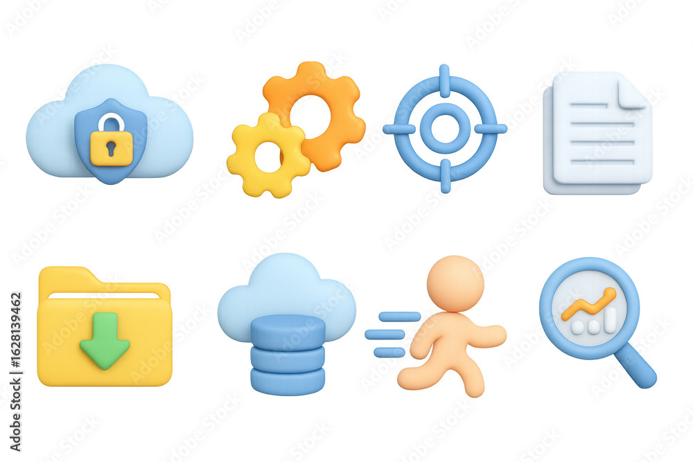 Poster cloud computing 3d icons collection featuring security, data, and analysis elements