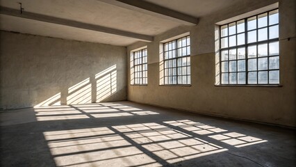 Empty industrial room with dramatic sunlight streaming through large windows