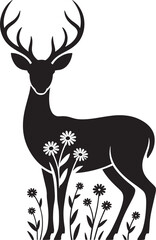 Silhouette Deer Vector Illustration with Flowers for Forest and Wildlife Designs