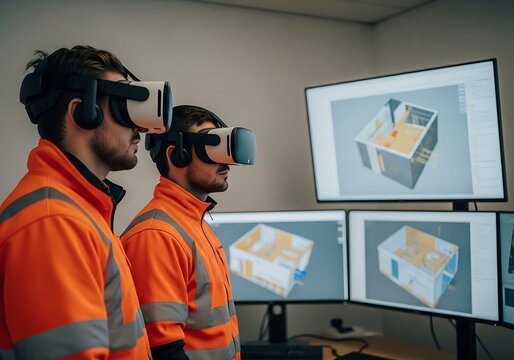 Engineers using vr headsets to view 3d architectural models