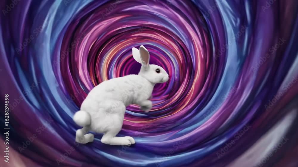 Poster vibrant white rabbit exploring a kaleidoscopic tunnel ideal for creative and whimsical projects, boo