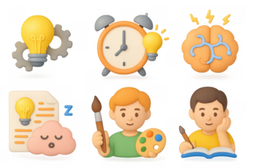 Creative process with light bulb concepts and brainstorming in 3d cartoon style