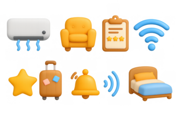 Cozy 3d icons representing hospitality and comfort services