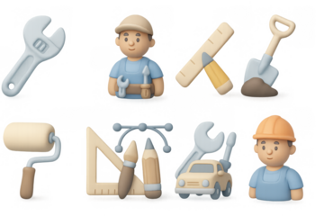 Construction tools and workers in 3d cartoon style