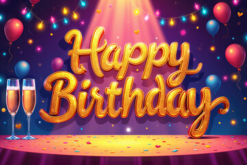 Colorful birthday image featuring Happy Birthday text, balloons, confetti, and champagne glasses under a spotlight.