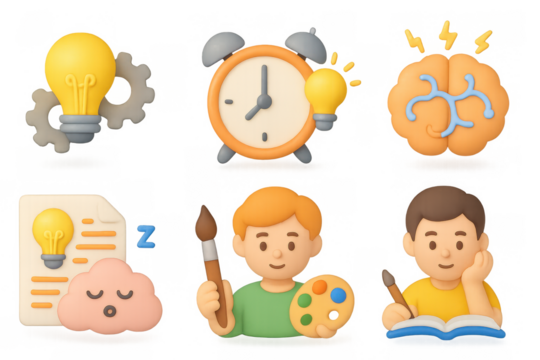 Creative process with light bulb concepts and brainstorming in 3d cartoon style - Powered by Adobe