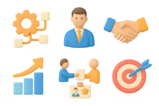 Simplified business concepts with 3d figures and icons in flat style