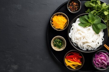 Asian Plant-Based Noodle Bowl with Herbs and Vegetables – Top-Down View on Black Tray