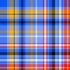This vibrant tartan pattern showcases a bold interplay of blue, yellow, orange, red, and white.