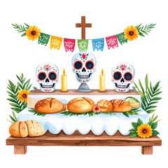 Fototapeta premium Day of the Dead Ofrenda: Sugar Skulls, Pan de Muerto, and Candles