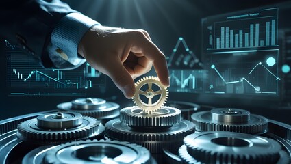 Hand placing gold gear into complex machinery; futuristic, technological, business success concept.