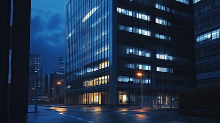 Fototapeta premium Isolated office building glowing in the night, surrounded by empty streets and the quiet atmosphere of the late hours